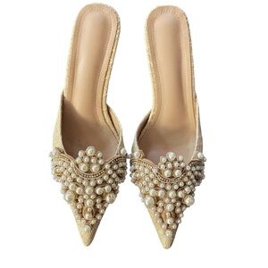 SHEIN Pearl-Embellished Pointed Mules in Gold
